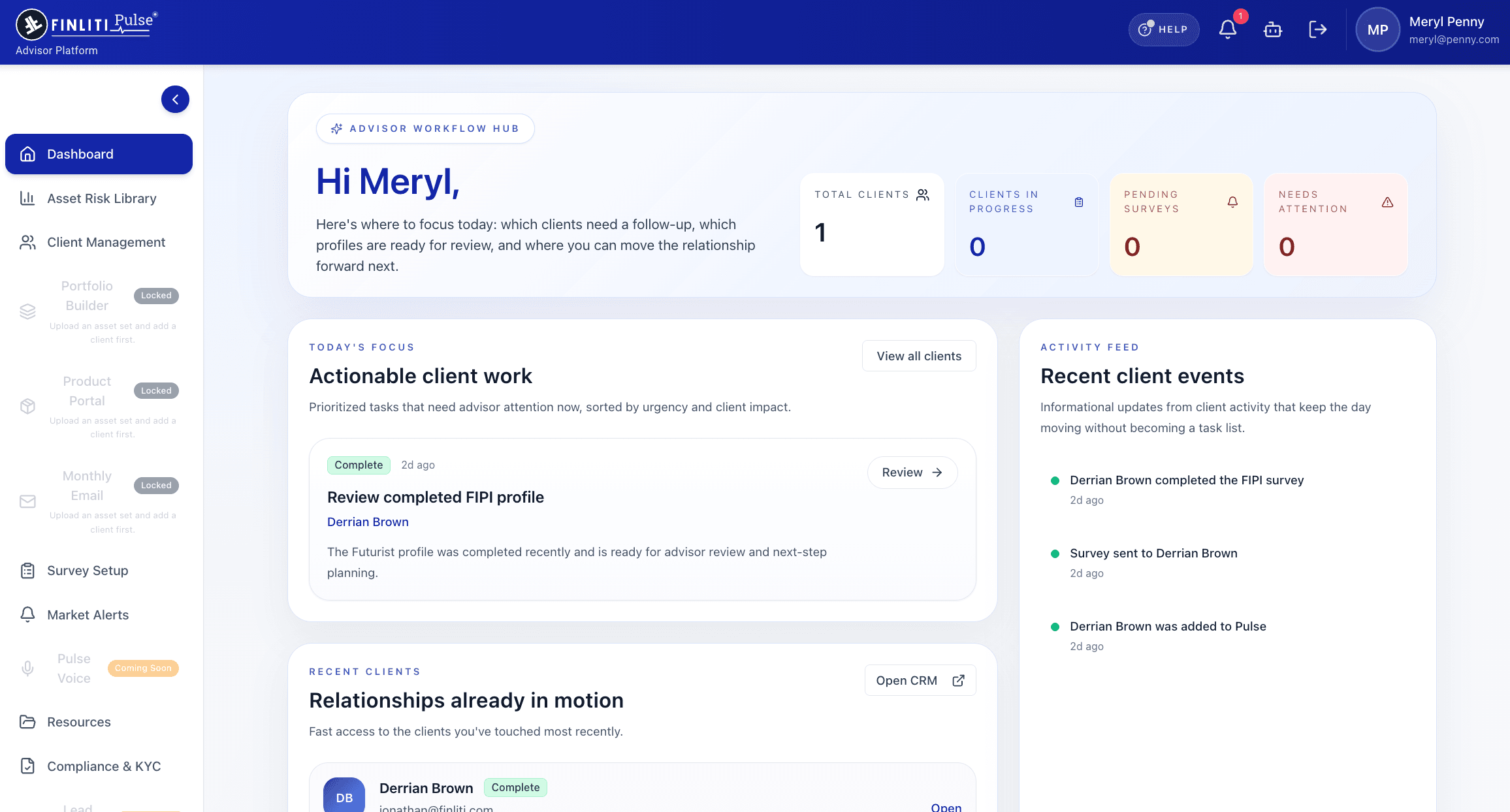 Advisor workflow hub showing dashboard metrics, prioritized client work, and recent activity.