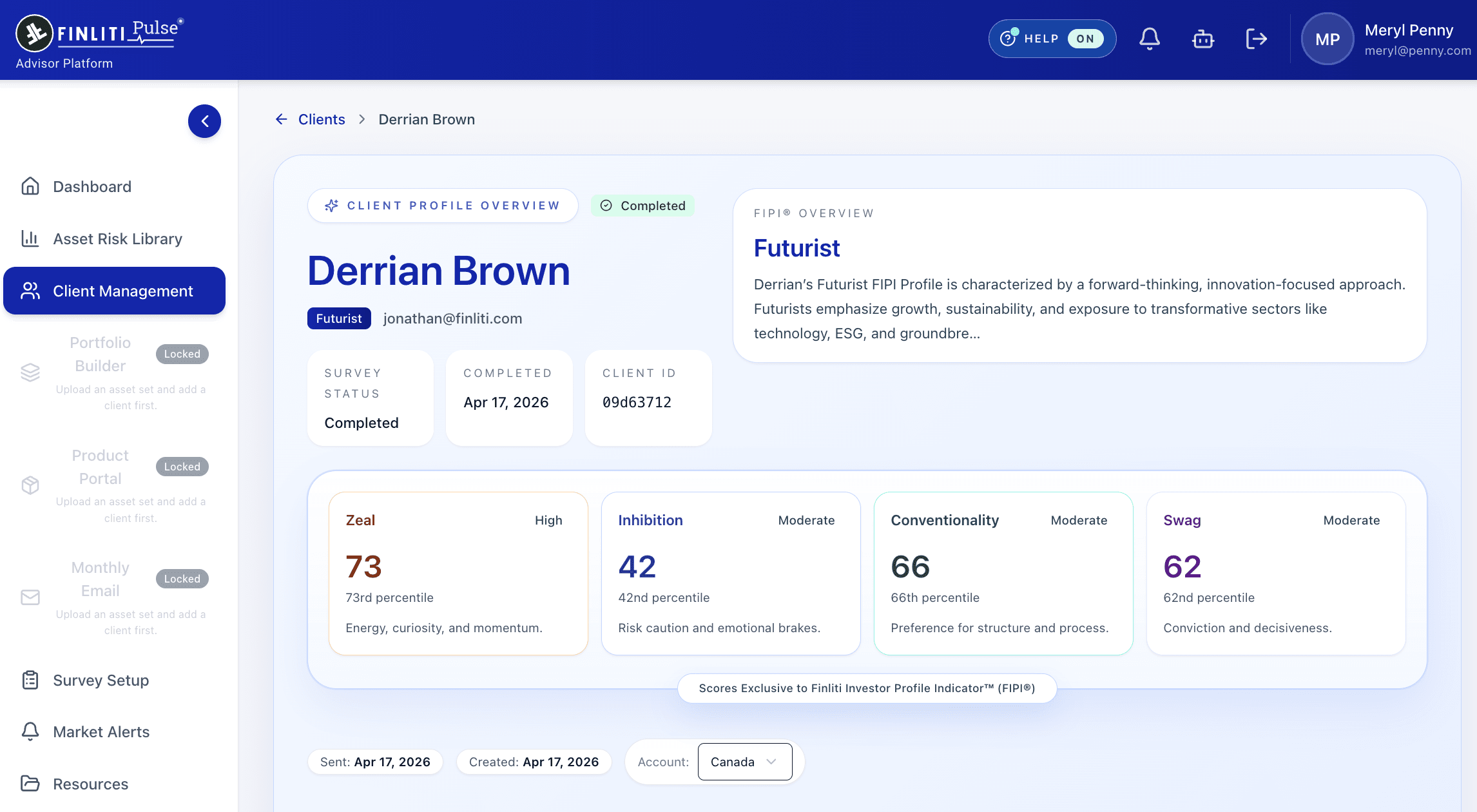 Client profile overview showing behavioral trait scores, survey status, and profile summary inside the advisor platform.