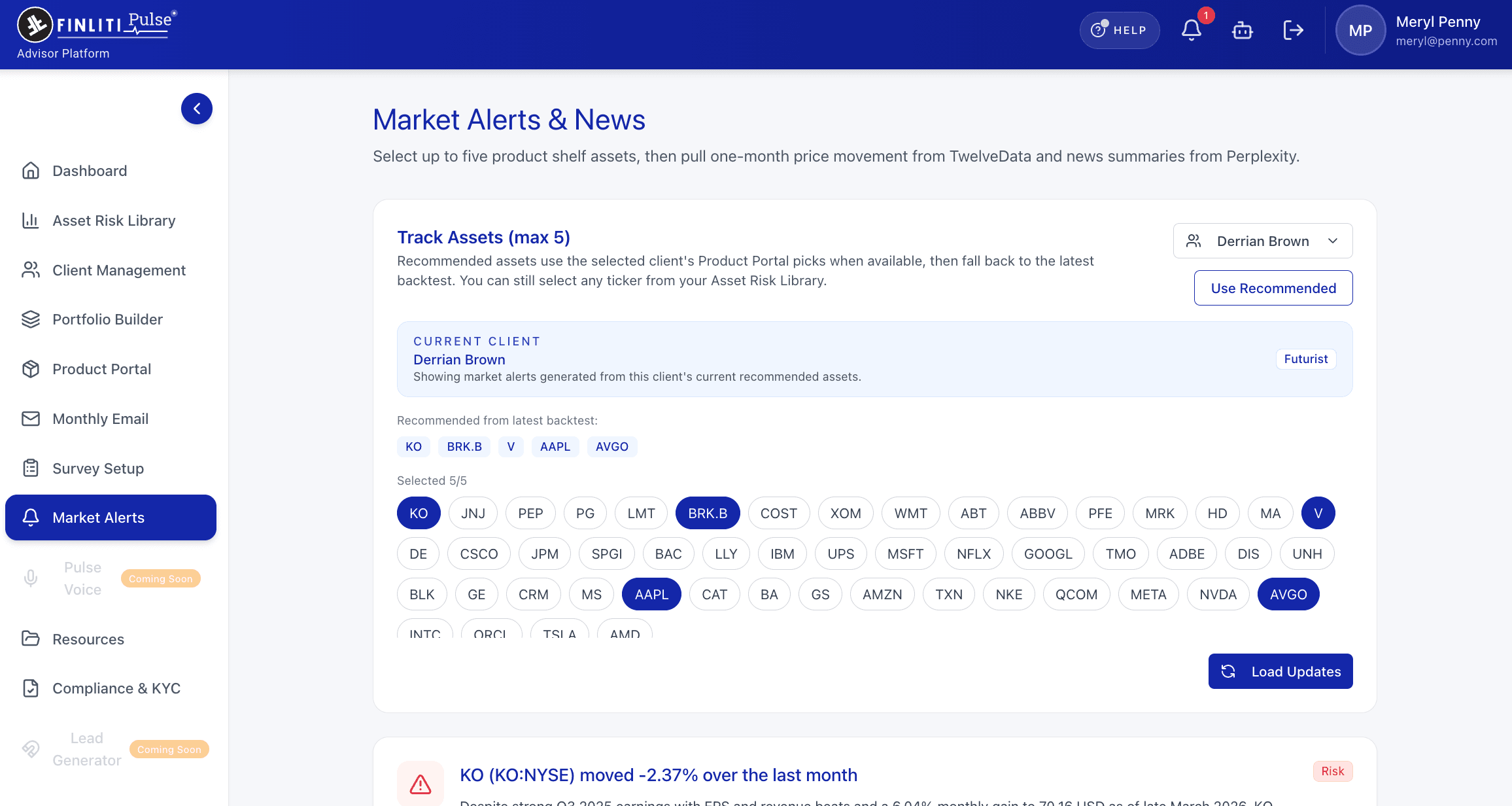 Market alerts screen showing tracked assets, client context, and generated updates inside the advisor platform.