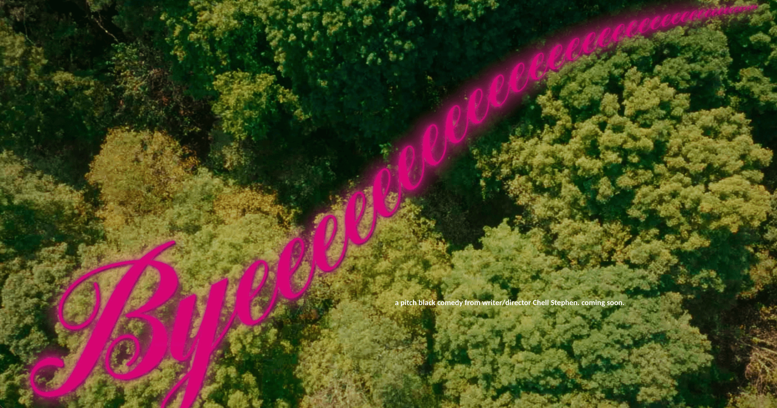 Byeeee billboard artwork over a tree canopy.