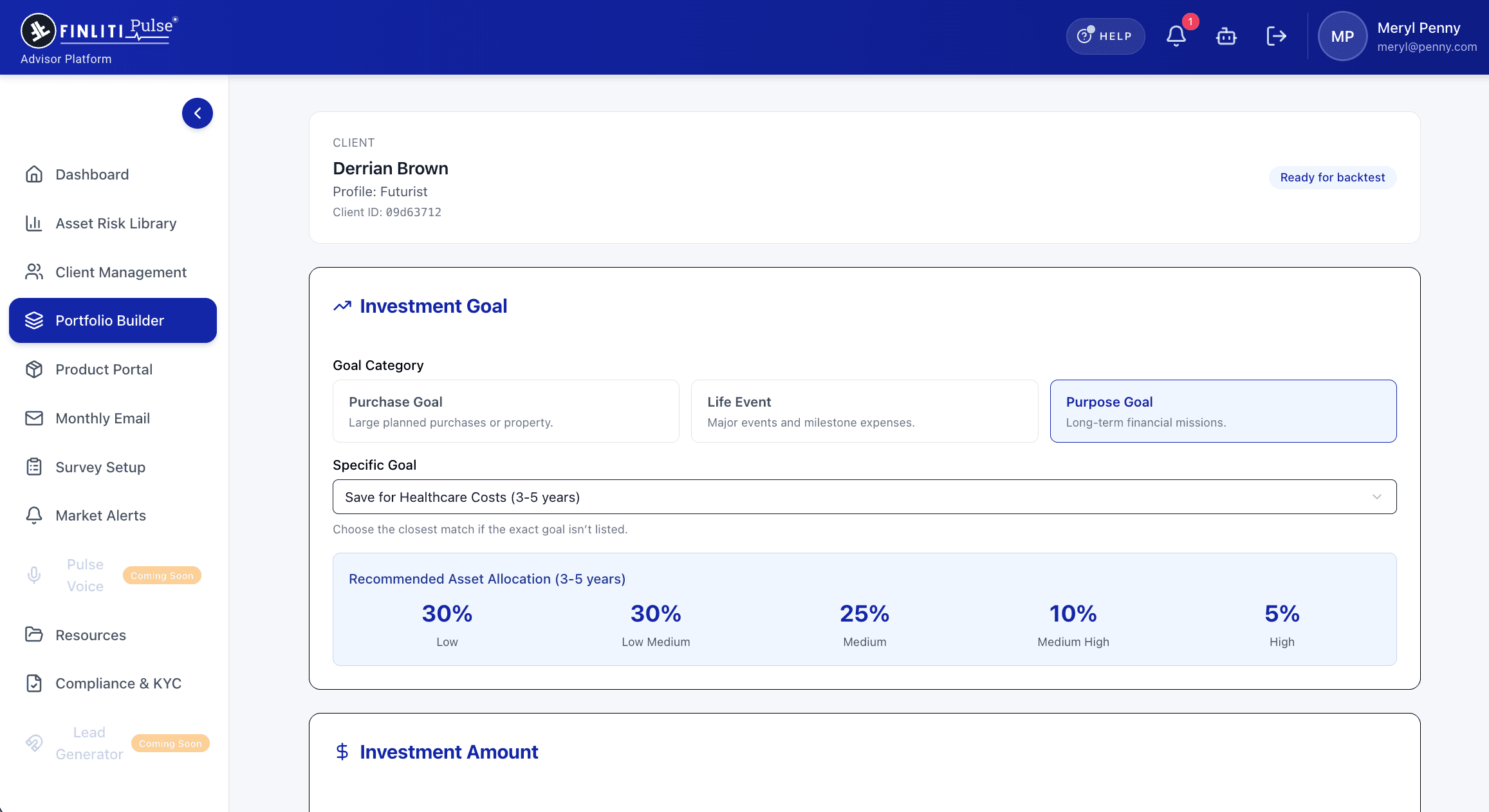 Portfolio builder screen mapping a client's goal to recommended asset allocation and backtest readiness.